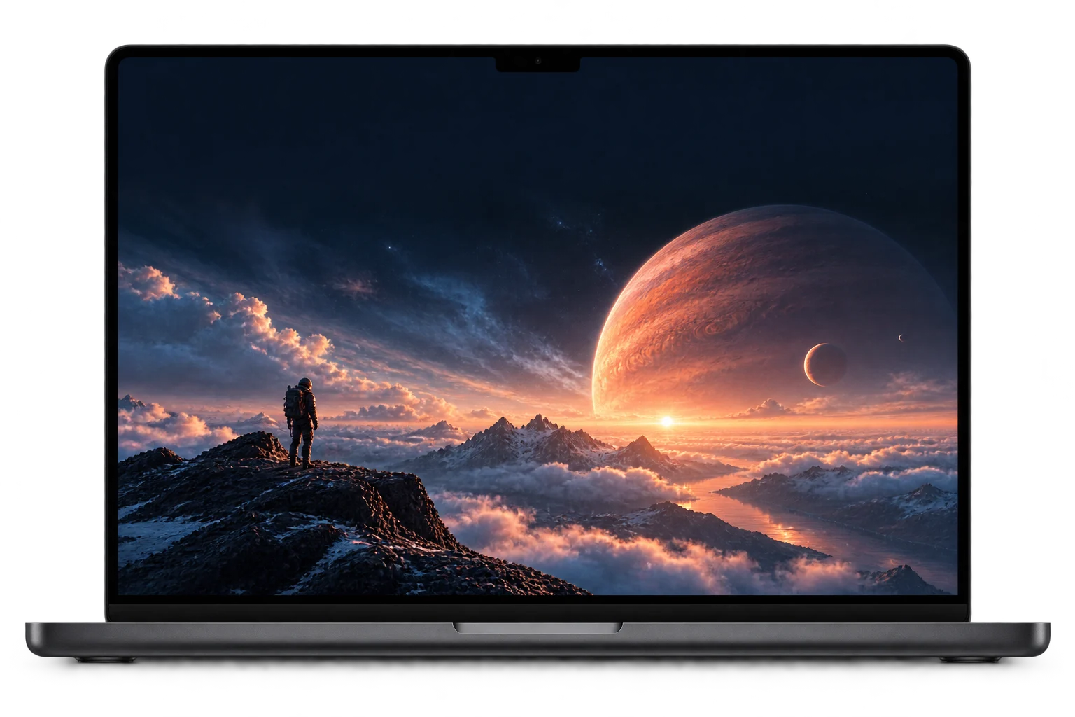 A complete MacBook playing an original cinematic space adventure while LoopFwd stays in its notch